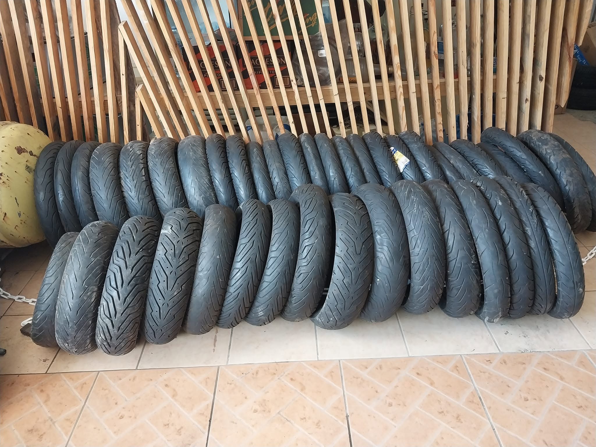 Motorcycle tyre stock at the shop