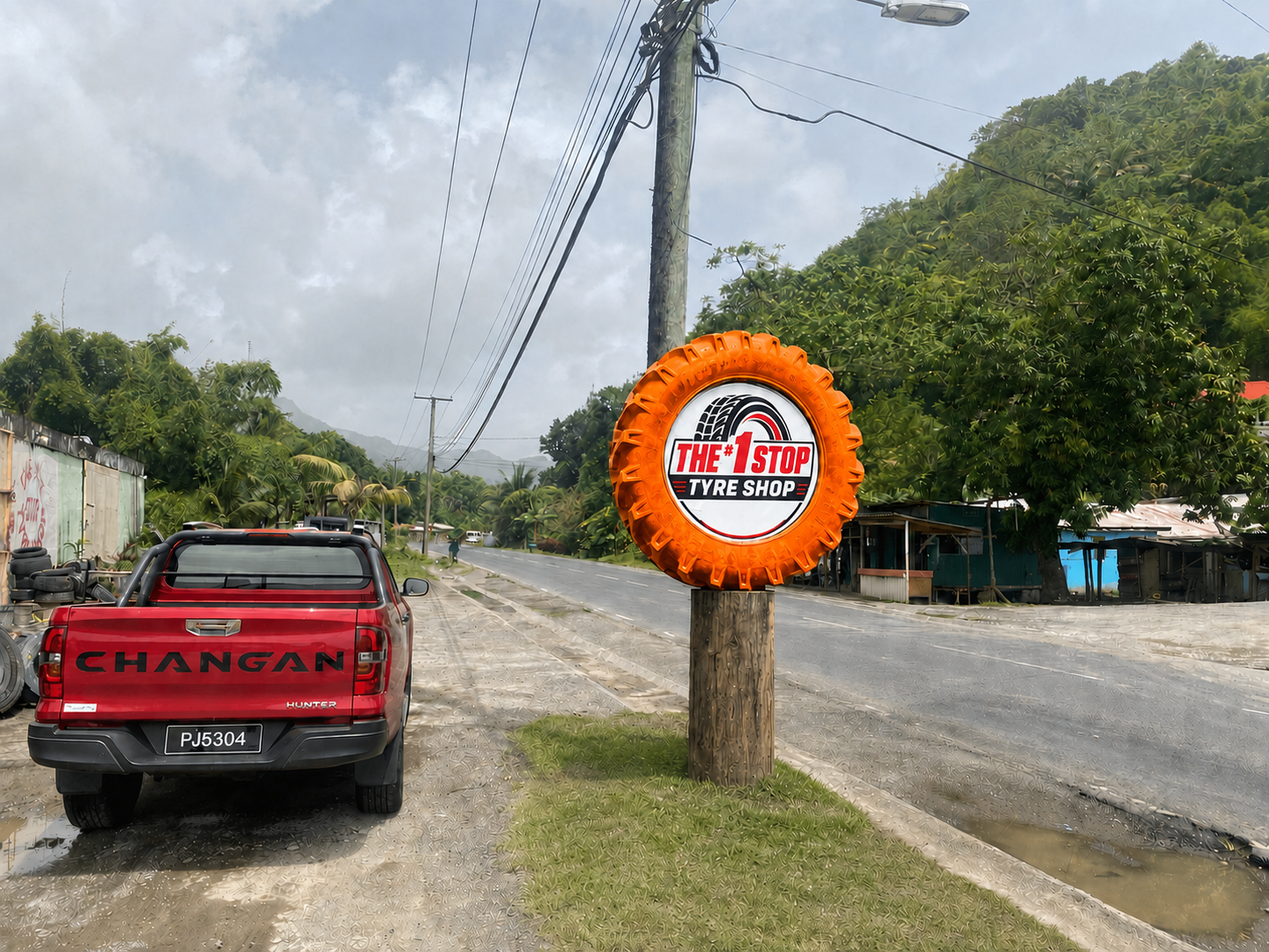The #1 Stop Tyre Shop roadside sign on Bexon Highway